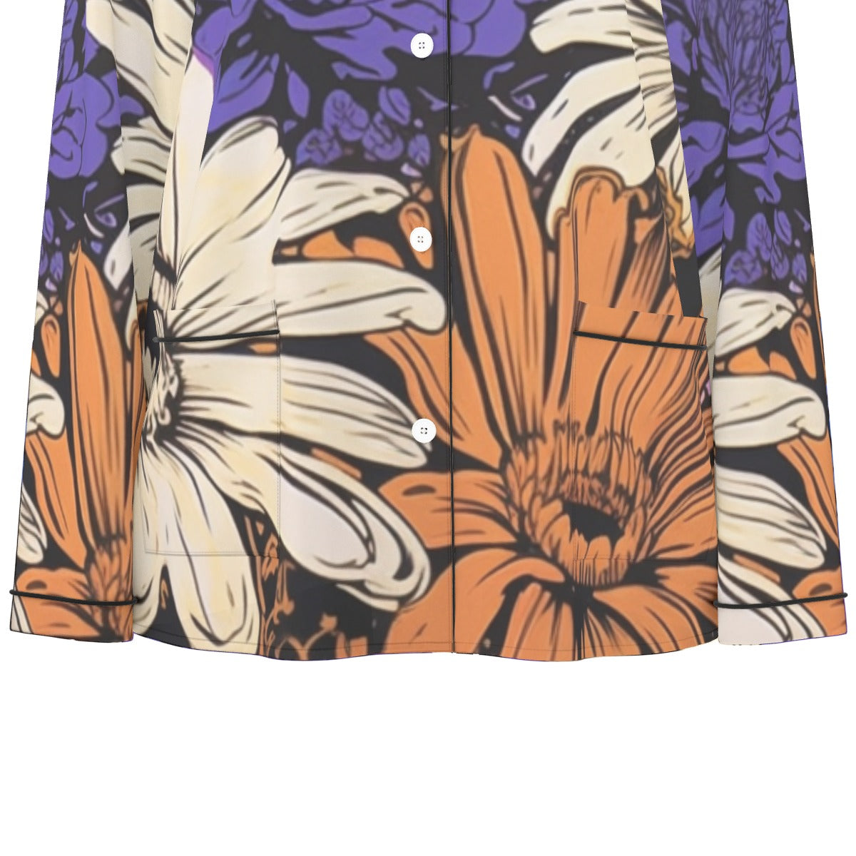 All-Over Print Women's Long Sleeve Pajama Set With Black Contrast Piping