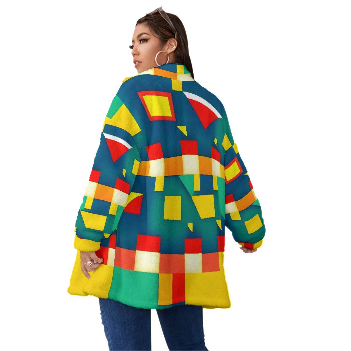 All-Over Print Unisex Borg Fleece Stand-up Collar Coat With Zipper Closure(Plus Size)