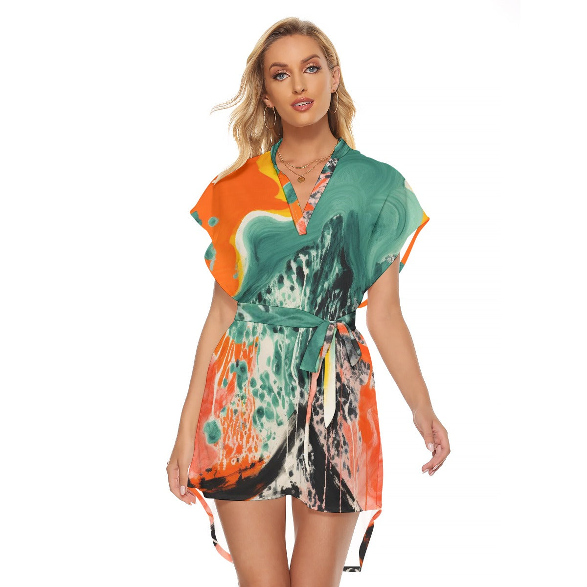 All-Over Print Women's Stand-up Collar Casual Dress With Belt