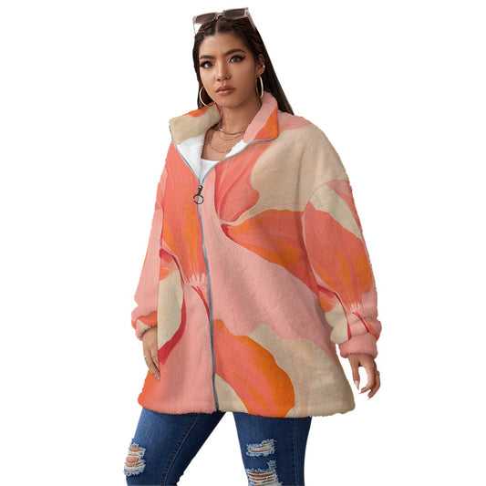 All-Over Print Unisex Borg Fleece Stand-up Collar Coat With Zipper Closure(Plus Size)