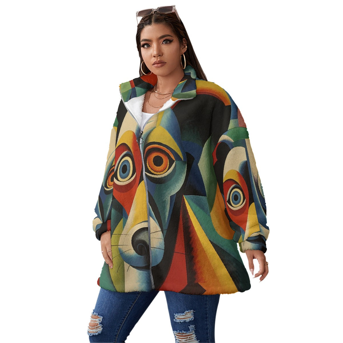 All-Over Print Unisex Borg Fleece Stand-up Collar Coat With Zipper Closure(Plus Size)