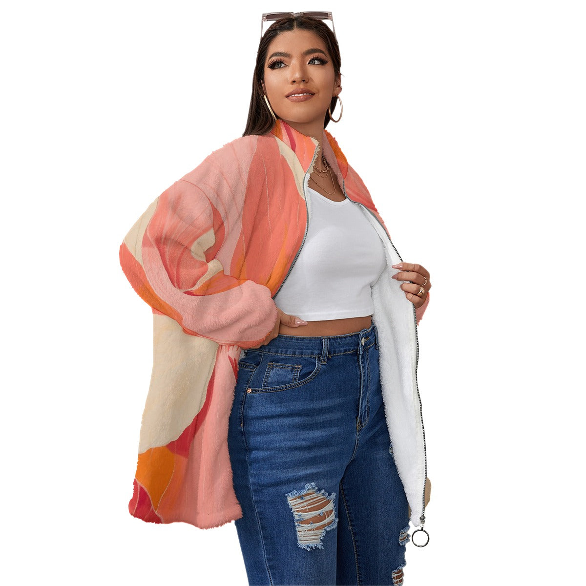 All-Over Print Unisex Borg Fleece Stand-up Collar Coat With Zipper Closure(Plus Size)