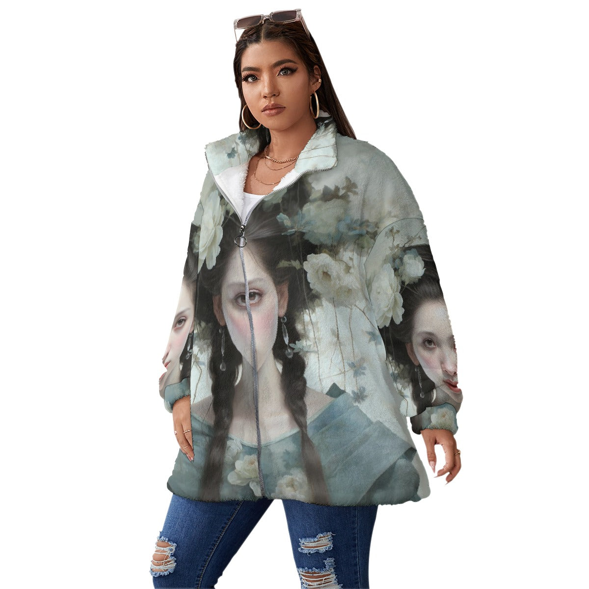 All-Over Print Unisex Borg Fleece Stand-up Collar Coat With Zipper Closure(Plus Size)