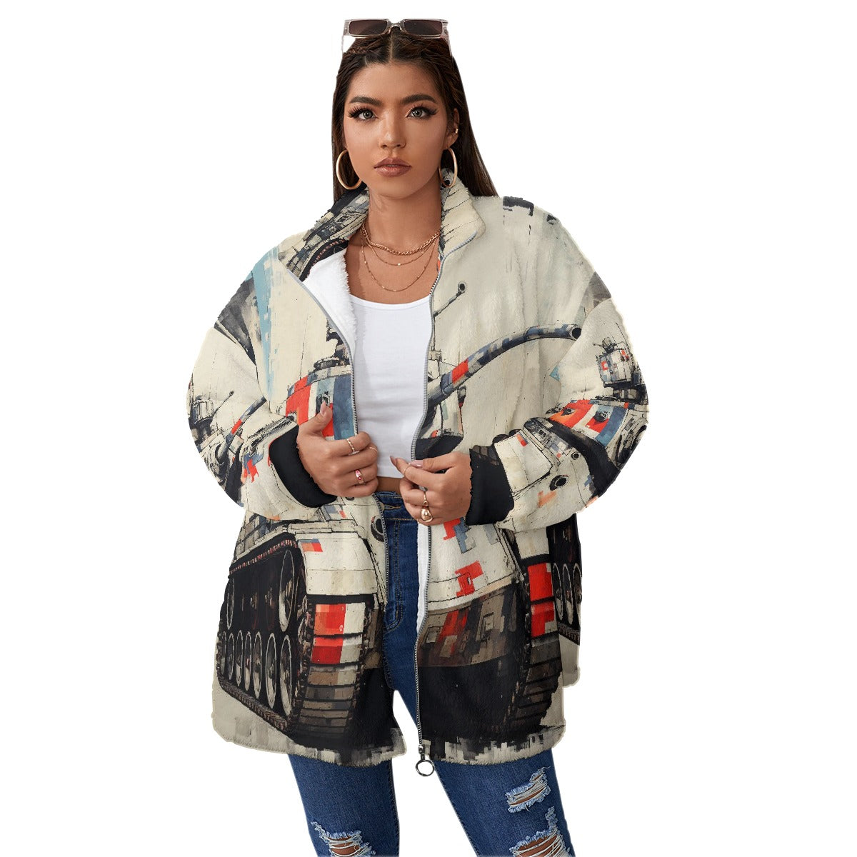 All-Over Print Unisex Borg Fleece Stand-up Collar Coat With Zipper Closure(Plus Size)