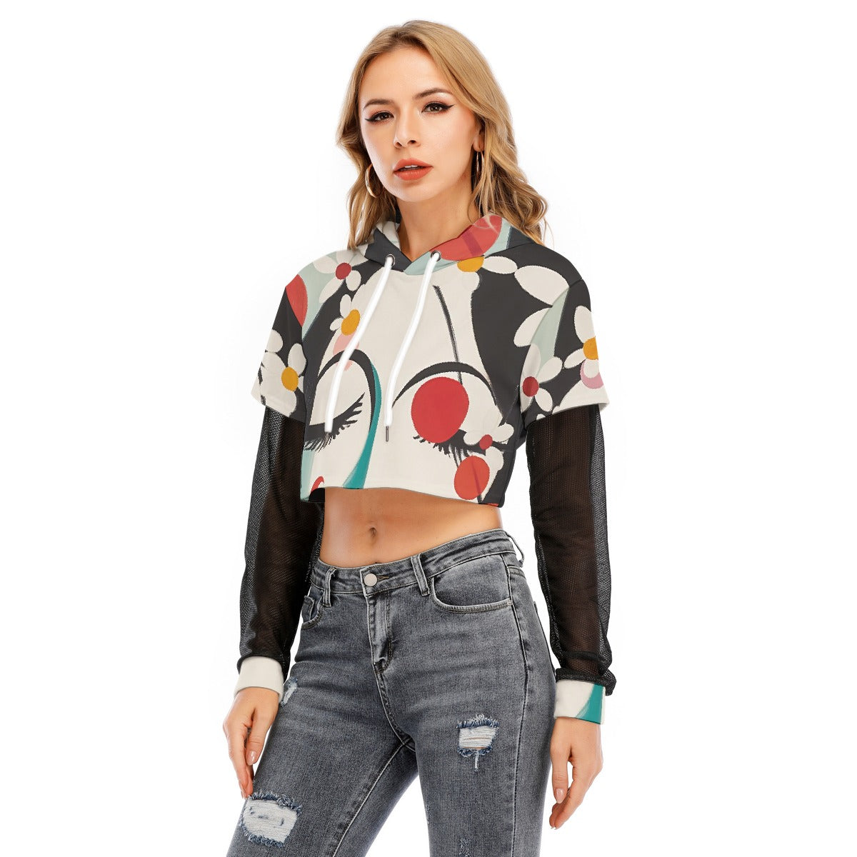 All-Over Print Women's Fake Two-piece Mesh Sleeve Cropped Hoodie