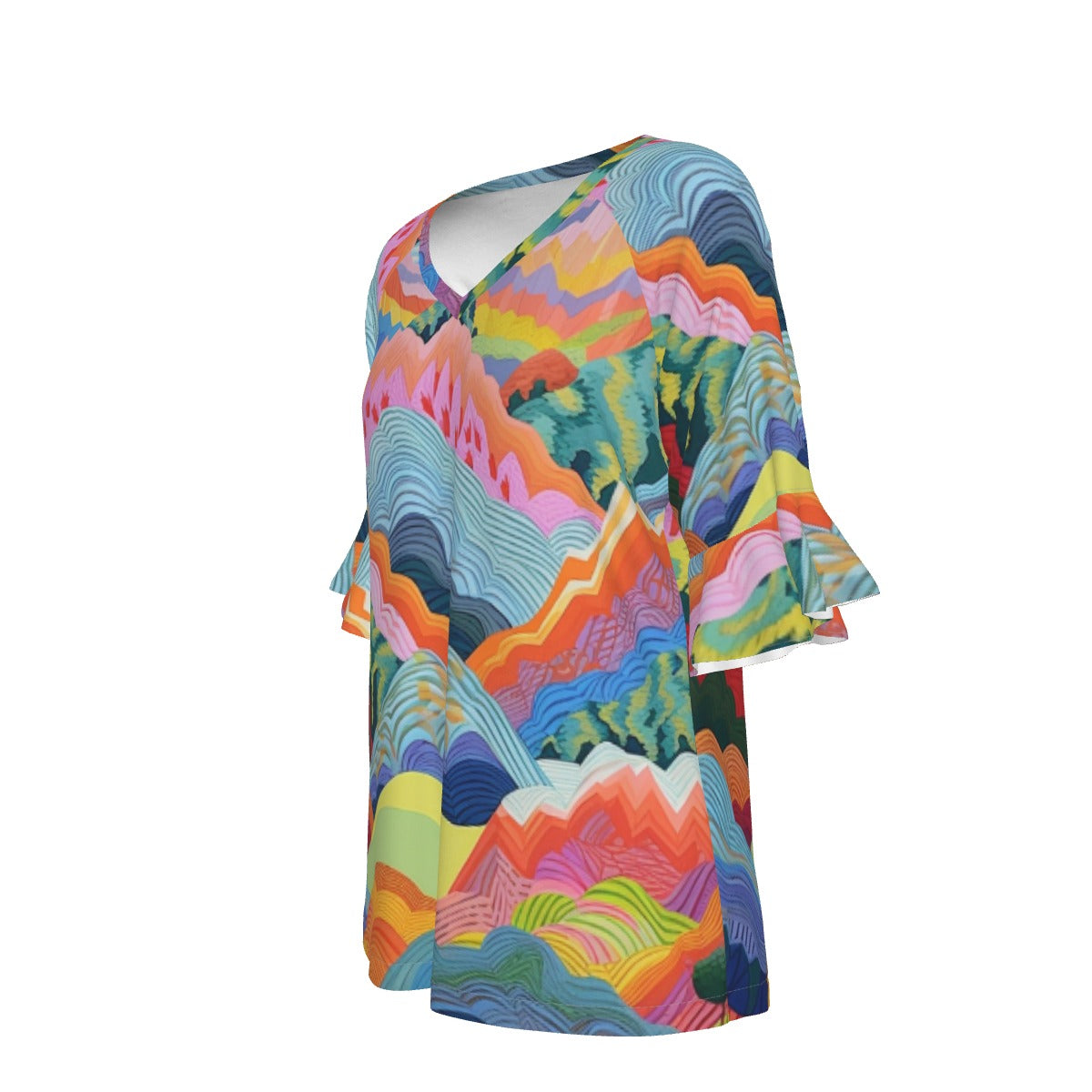 All-Over Print V-neck Women's T-shirt With Bell Sleeve