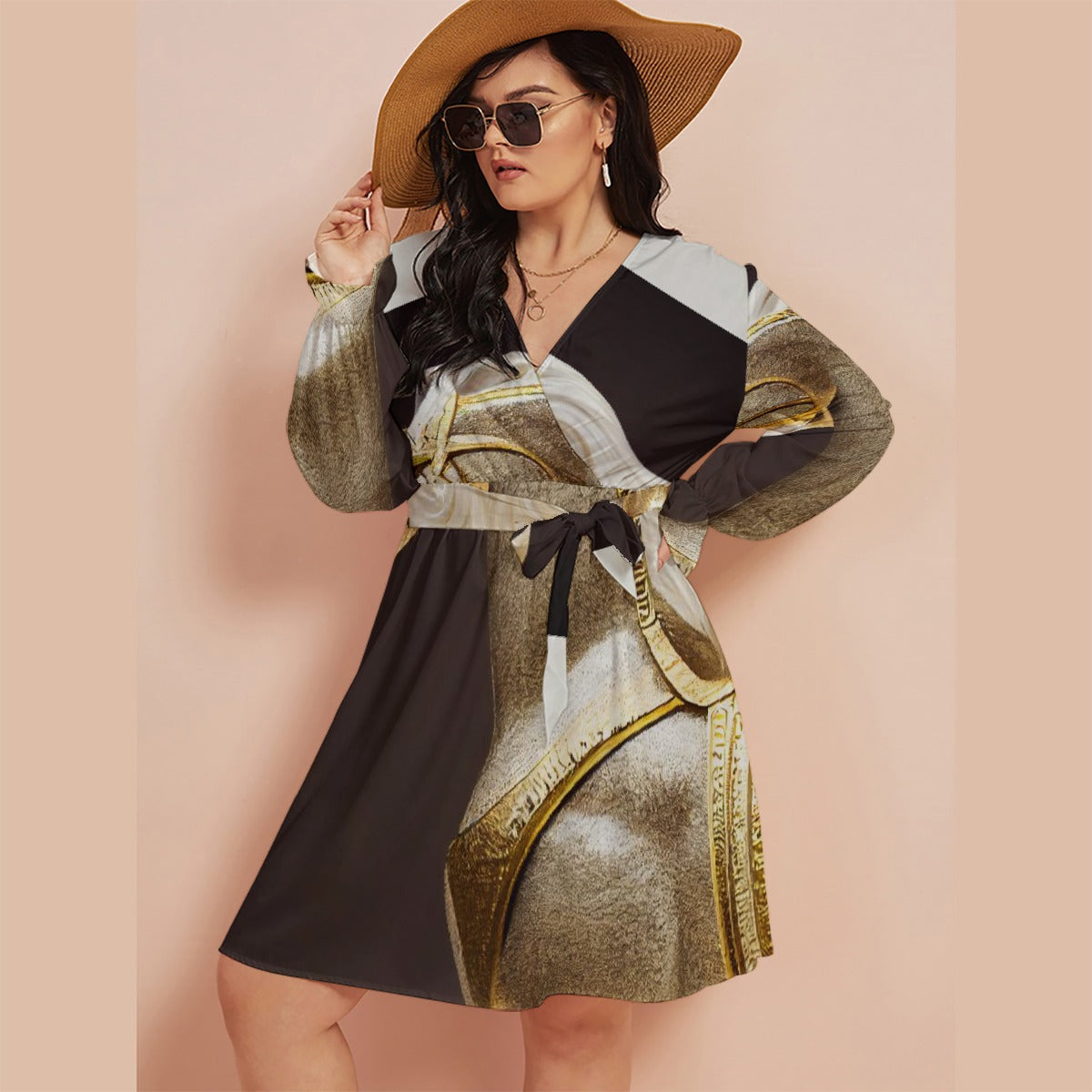 All-Over Print Women's V-neck Dress With Waistband(Plus Size)