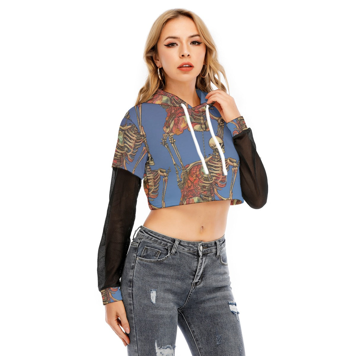 All-Over Print Women's Fake Two-piece Mesh Sleeve Cropped Hoodie