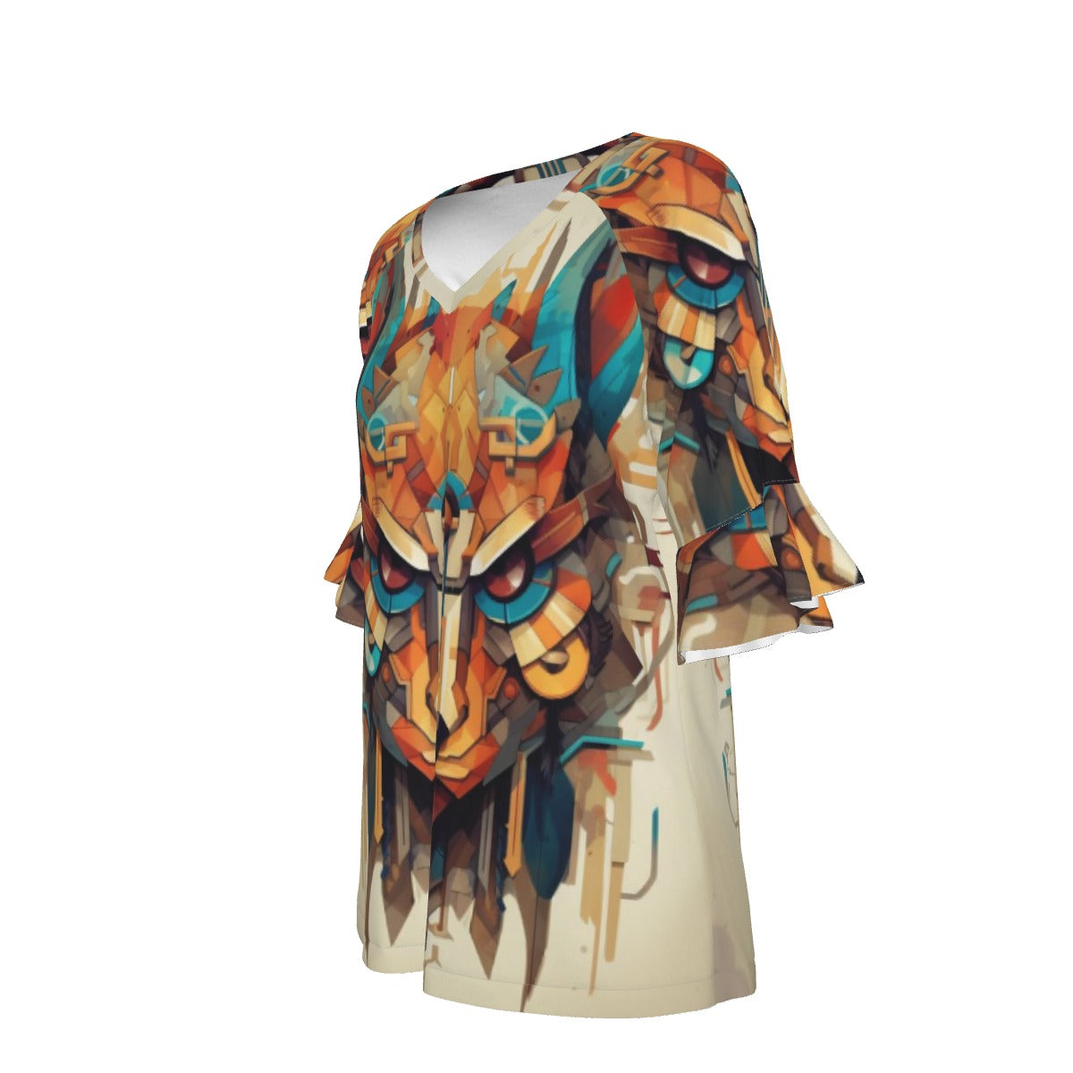 All-Over Print V-neck Women's T-shirt With Bell Sleeve