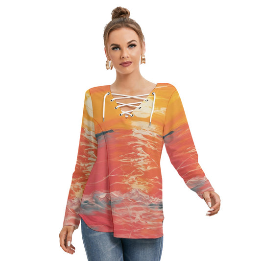 All-Over Print Women's Long Sleeve Neckline Tie Sweatshirt