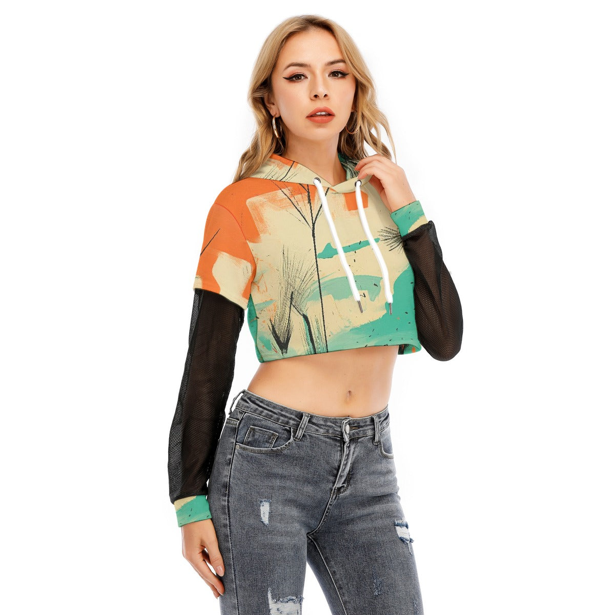 All-Over Print Women's Fake Two-piece Mesh Sleeve Cropped Hoodie
