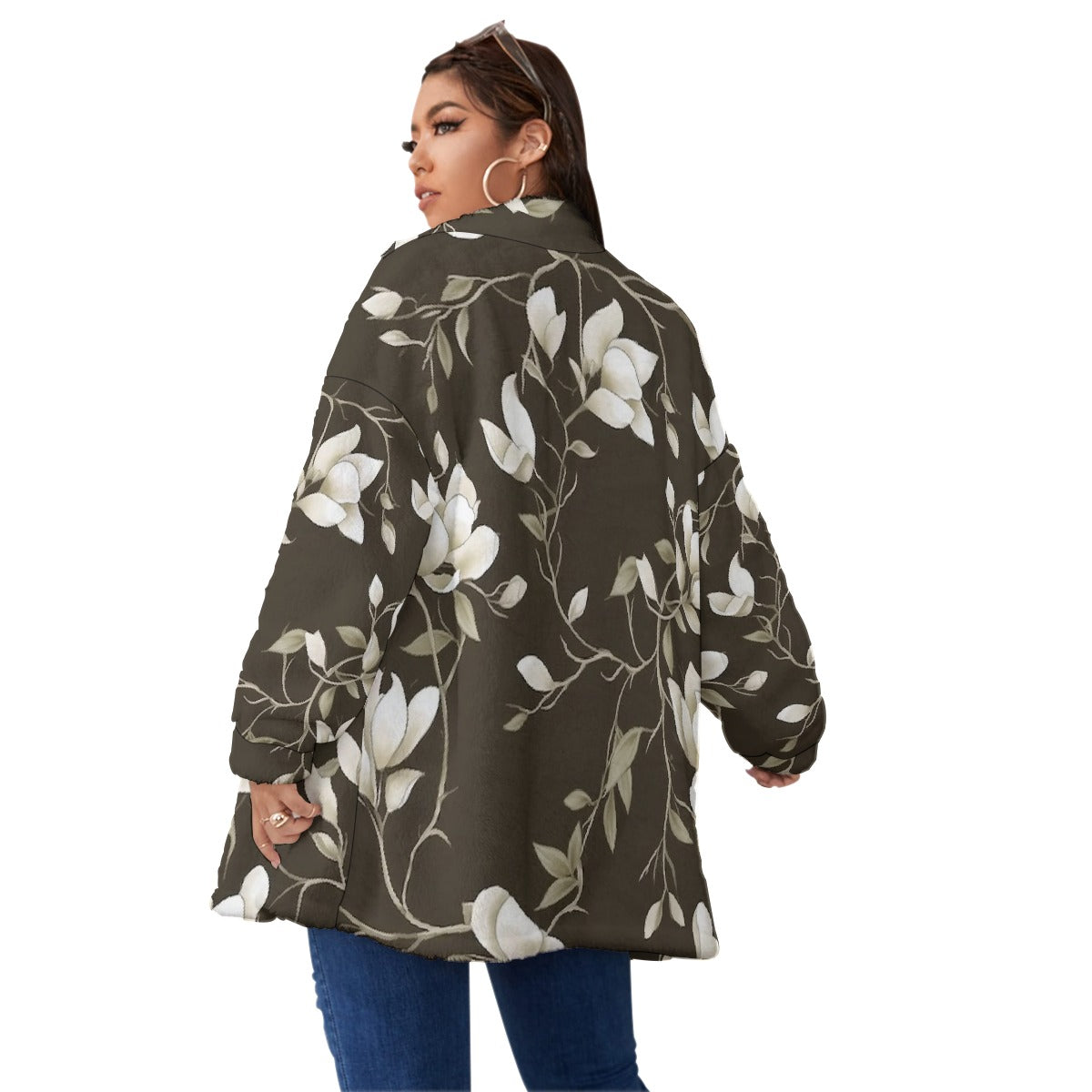 All-Over Print Unisex Borg Fleece Stand-up Collar Coat With Zipper Closure(Plus Size)