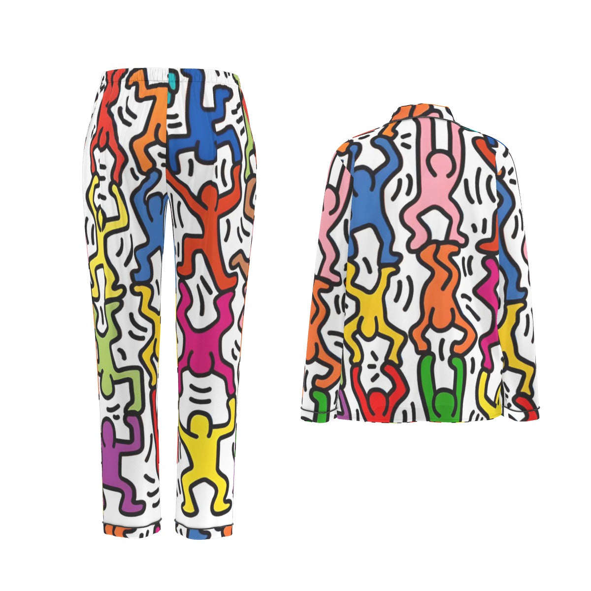 All-Over Print Women's Long Sleeve Pajama Set With Black Contrast Piping