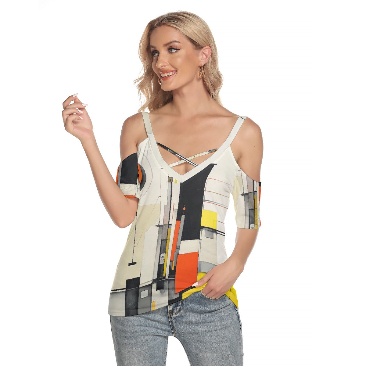 All-Over Print Women's Cold Shoulder T-shirt With Criss Cross Strips