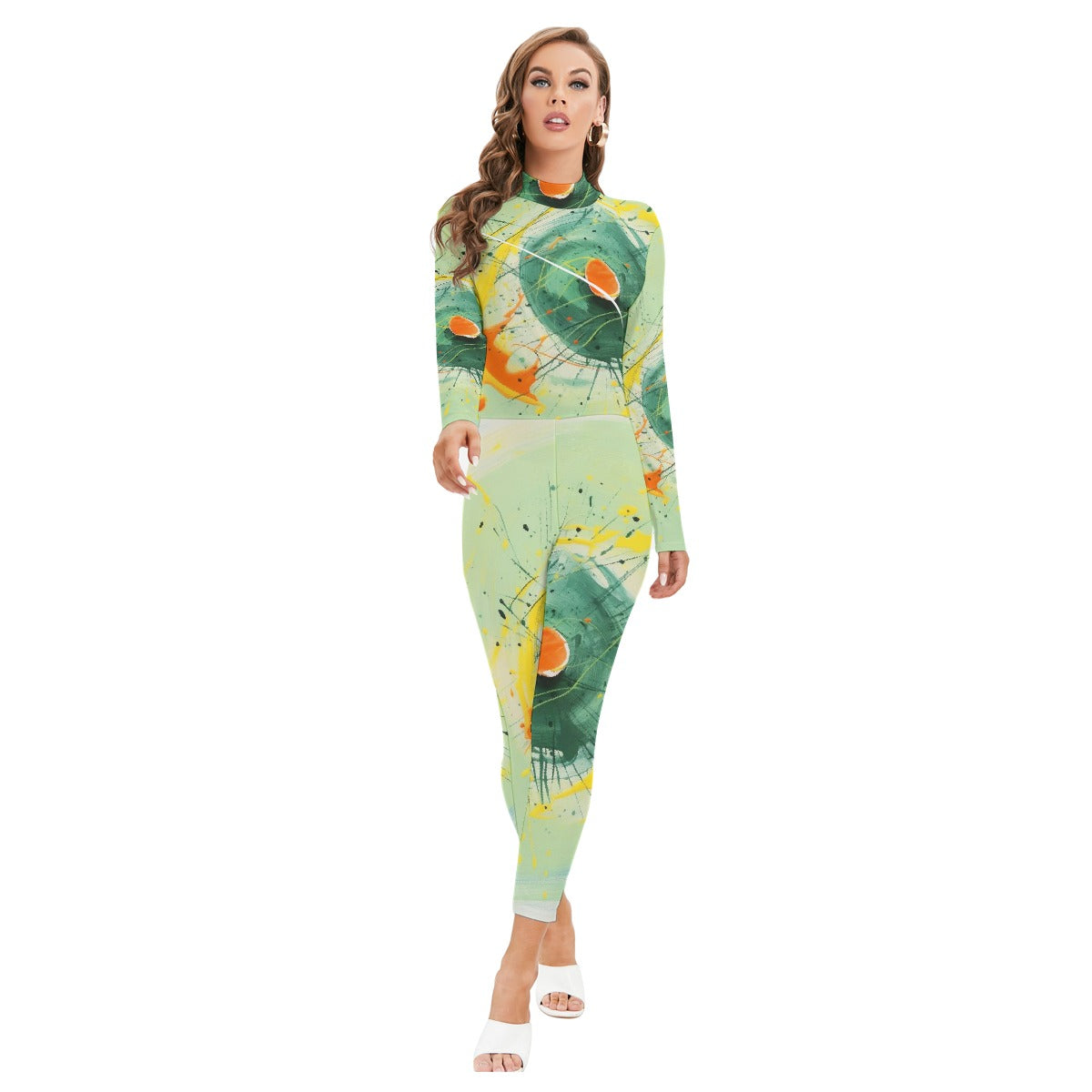 All-Over Print Women's Long-sleeved High-neck Jumpsuit With Zipper