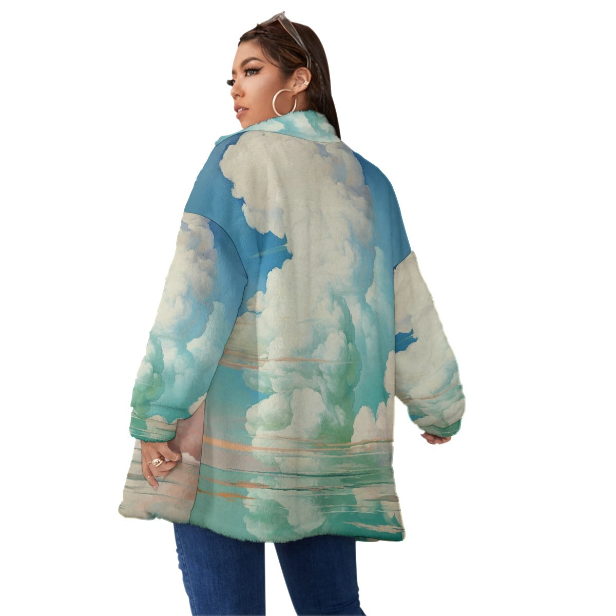 All-Over Print Unisex Borg Fleece Stand-up Collar Coat With Zipper Closure(Plus Size)