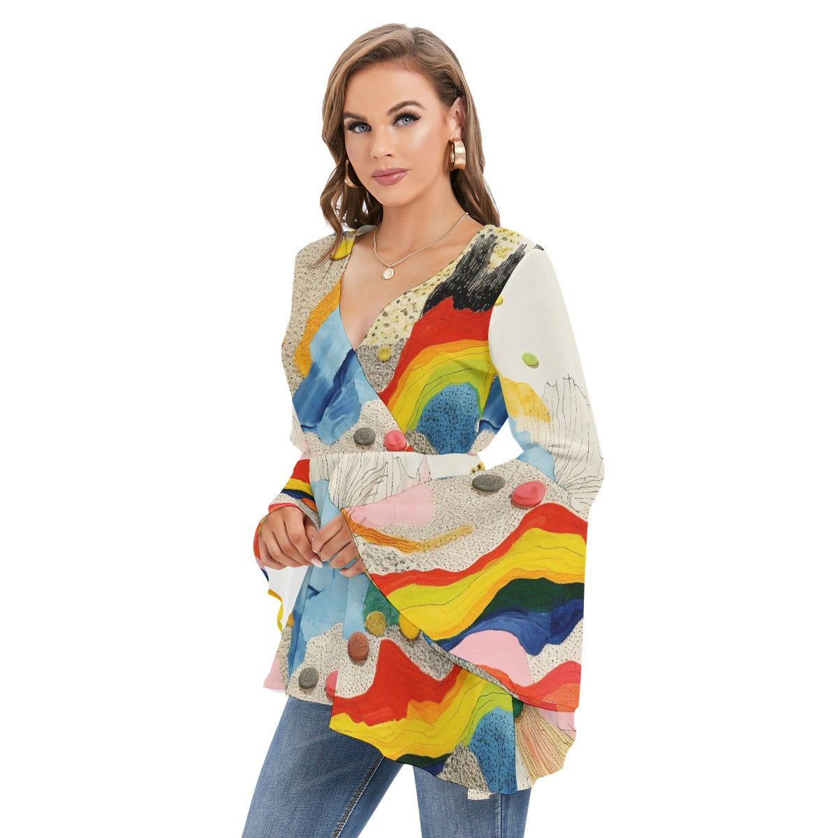 All-Over Print Women's V-neck Blouse With Flared Sleeves