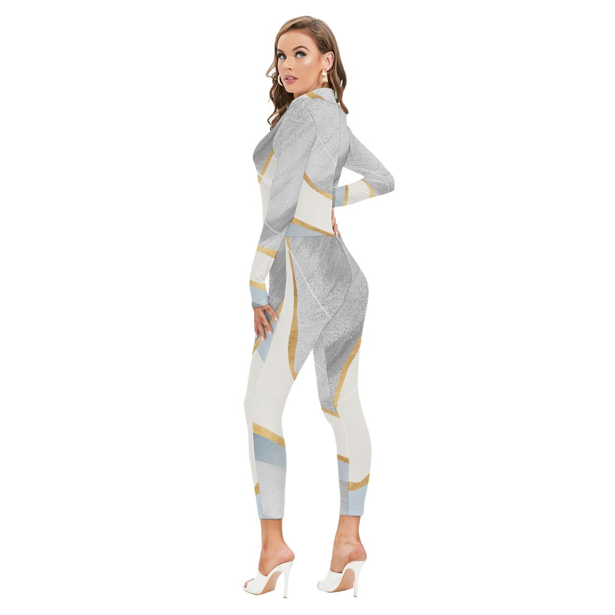 All-Over Print Women's Long-sleeved High-neck Jumpsuit With Zipper