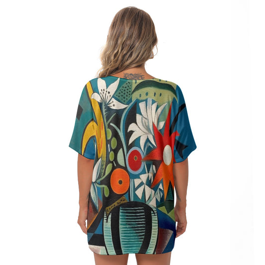 All-Over Print Women's Bat Sleeves V-Neck Blouse