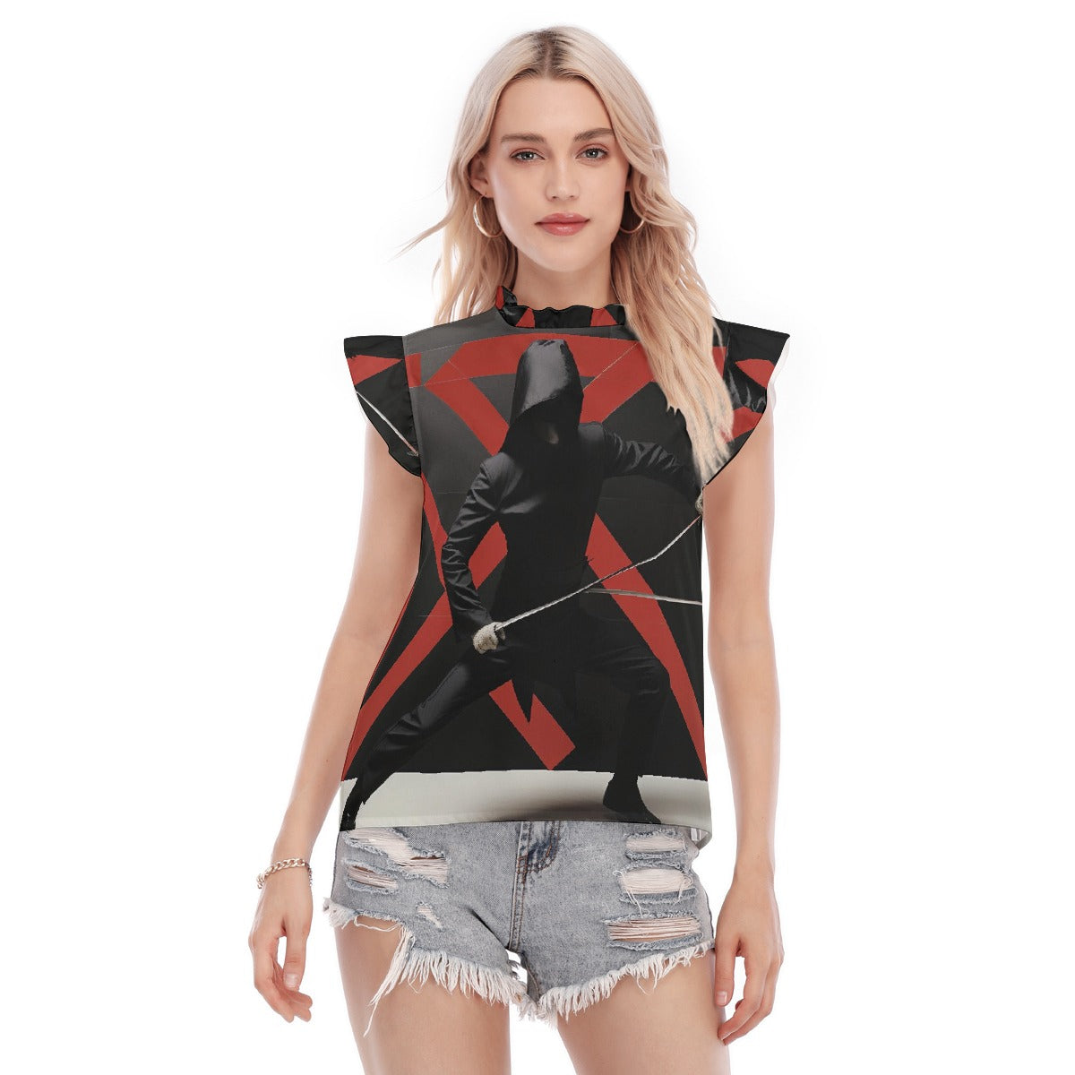 All-Over Print Women's Blouse With Ruffle Collar And Sleeve