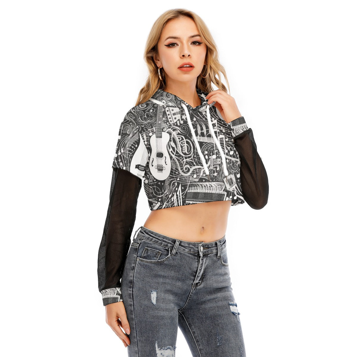 All-Over Print Women's Fake Two-piece Mesh Sleeve Cropped Hoodie