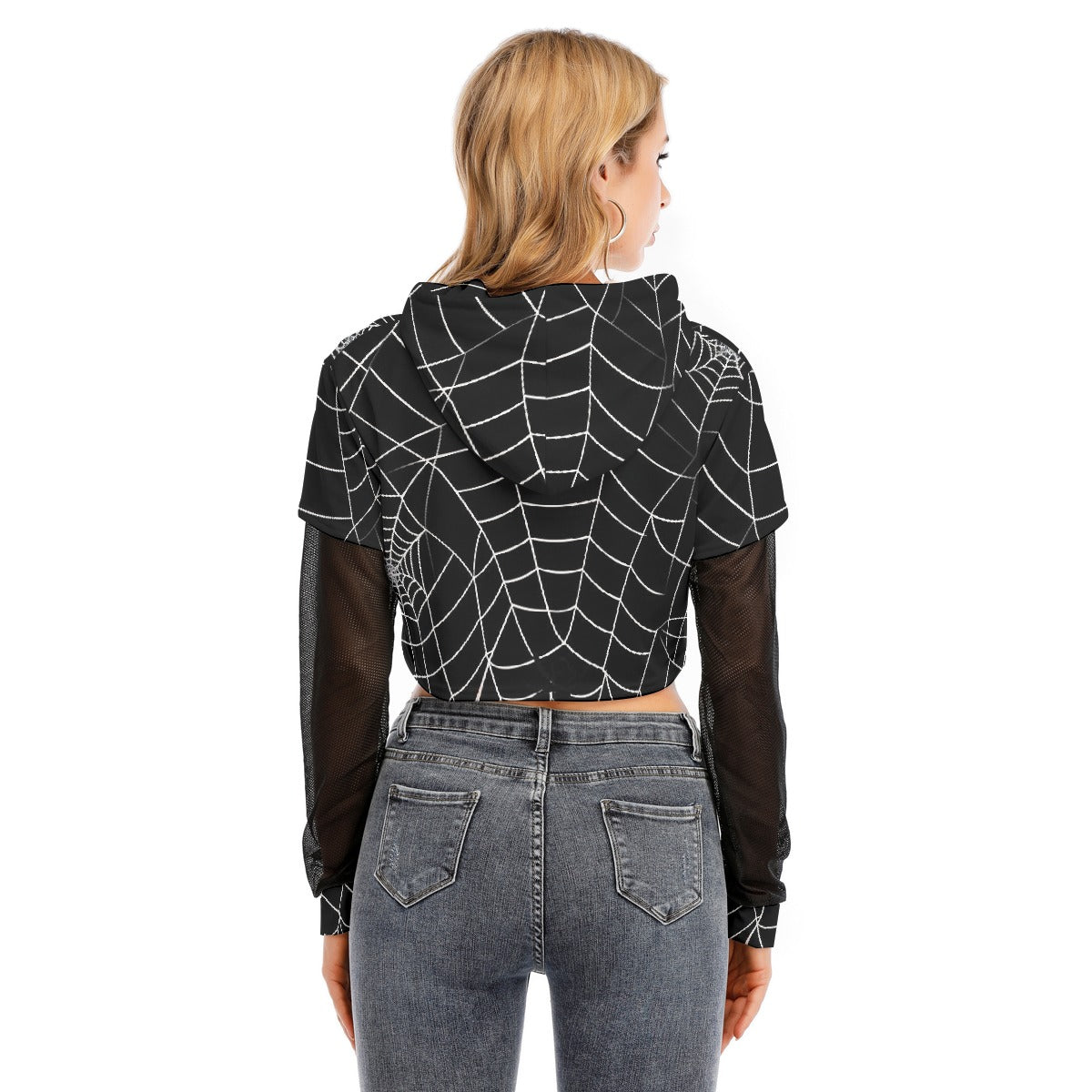 All-Over Print Women's Fake Two-piece Mesh Sleeve Cropped Hoodie