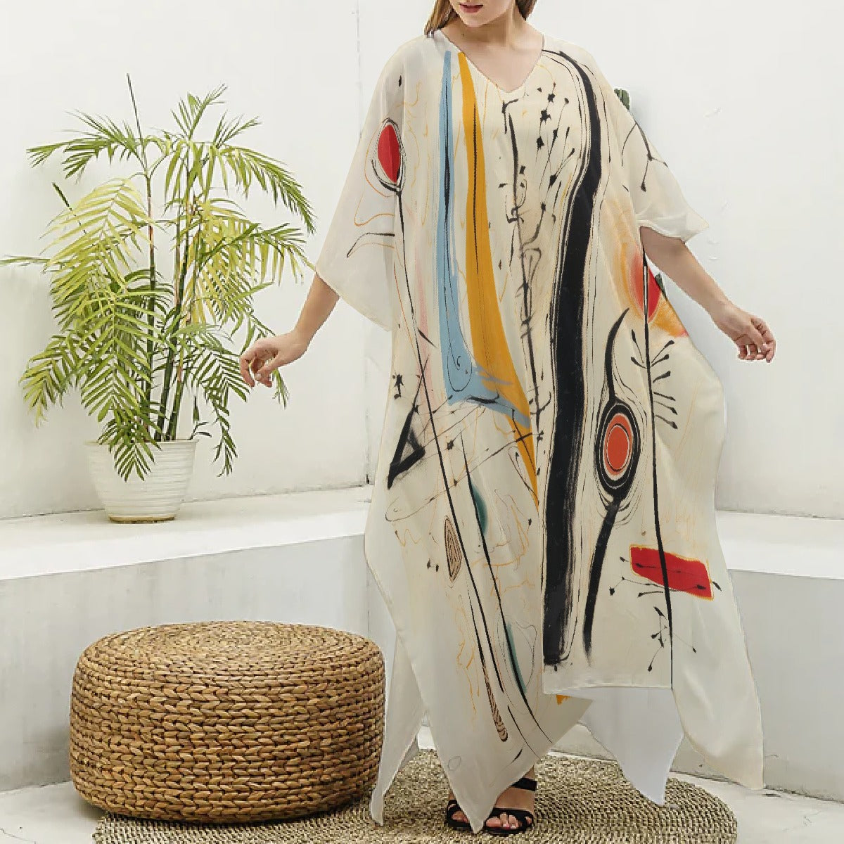All-Over Print Women's Imitation Silk V-neck Kaftan Robe