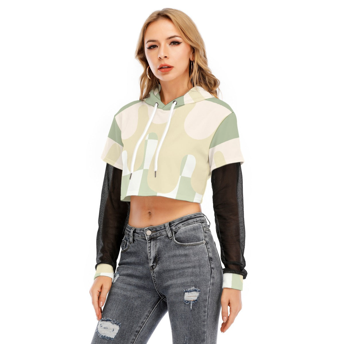 All-Over Print Women's Fake Two-piece Mesh Sleeve Cropped Hoodie