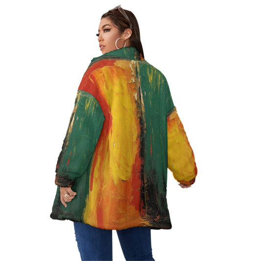 All-Over Print Unisex Borg Fleece Stand-up Collar Coat With Zipper Closure(Plus Size)