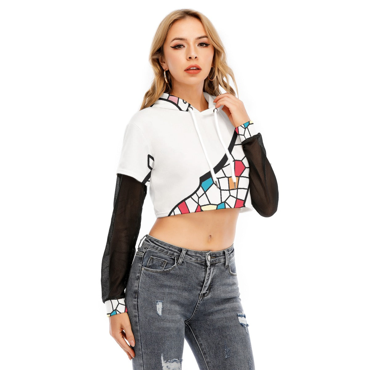 All-Over Print Women's Fake Two-piece Mesh Sleeve Cropped Hoodie