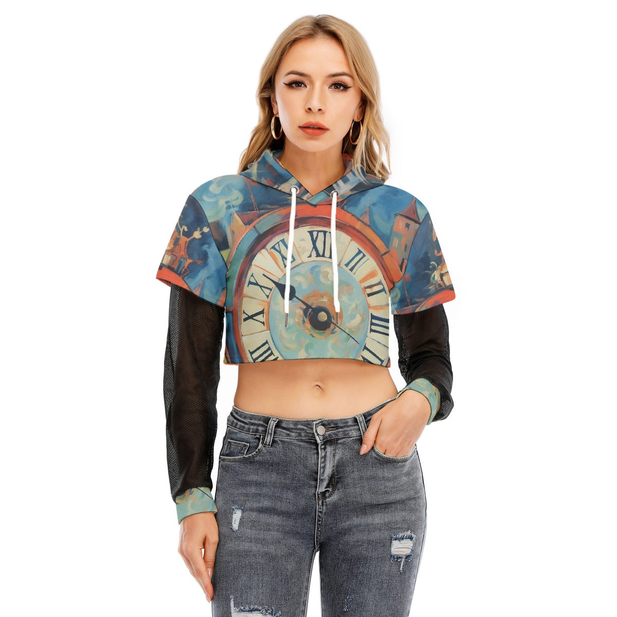 All-Over Print Women's Fake Two-piece Mesh Sleeve Cropped Hoodie