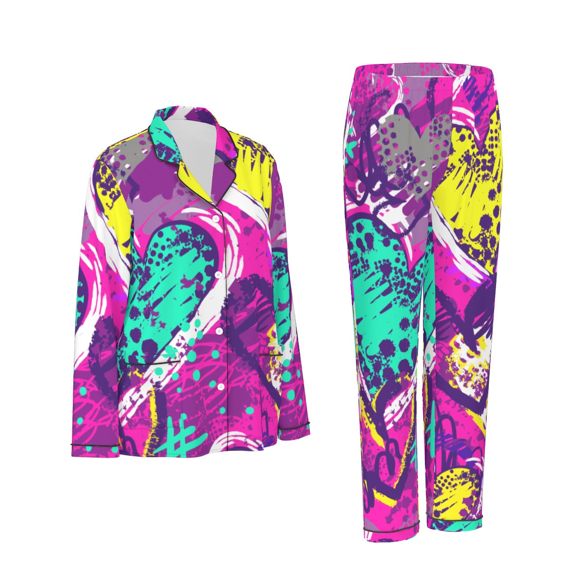 All-Over Print Women's Long Sleeve Pajama Set With Black Contrast Piping