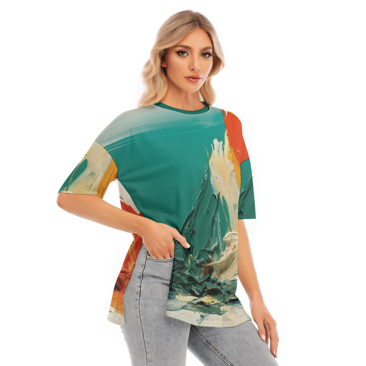 All-Over Print Women's Short Sleeves T-shirt With Hem Split