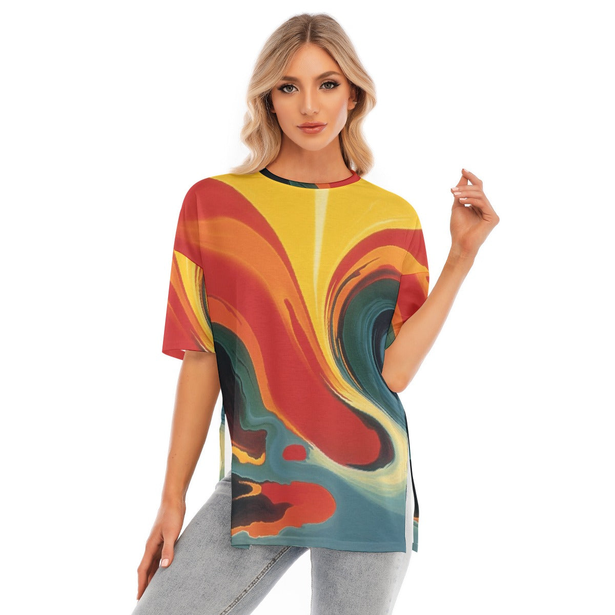 All-Over Print Women's Short Sleeves T-shirt With Hem Split