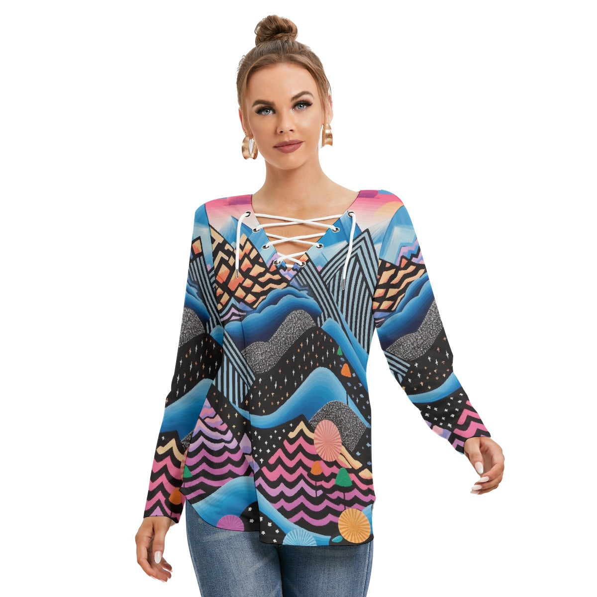 All-Over Print Women's Long Sleeve Neckline Tie Sweatshirt