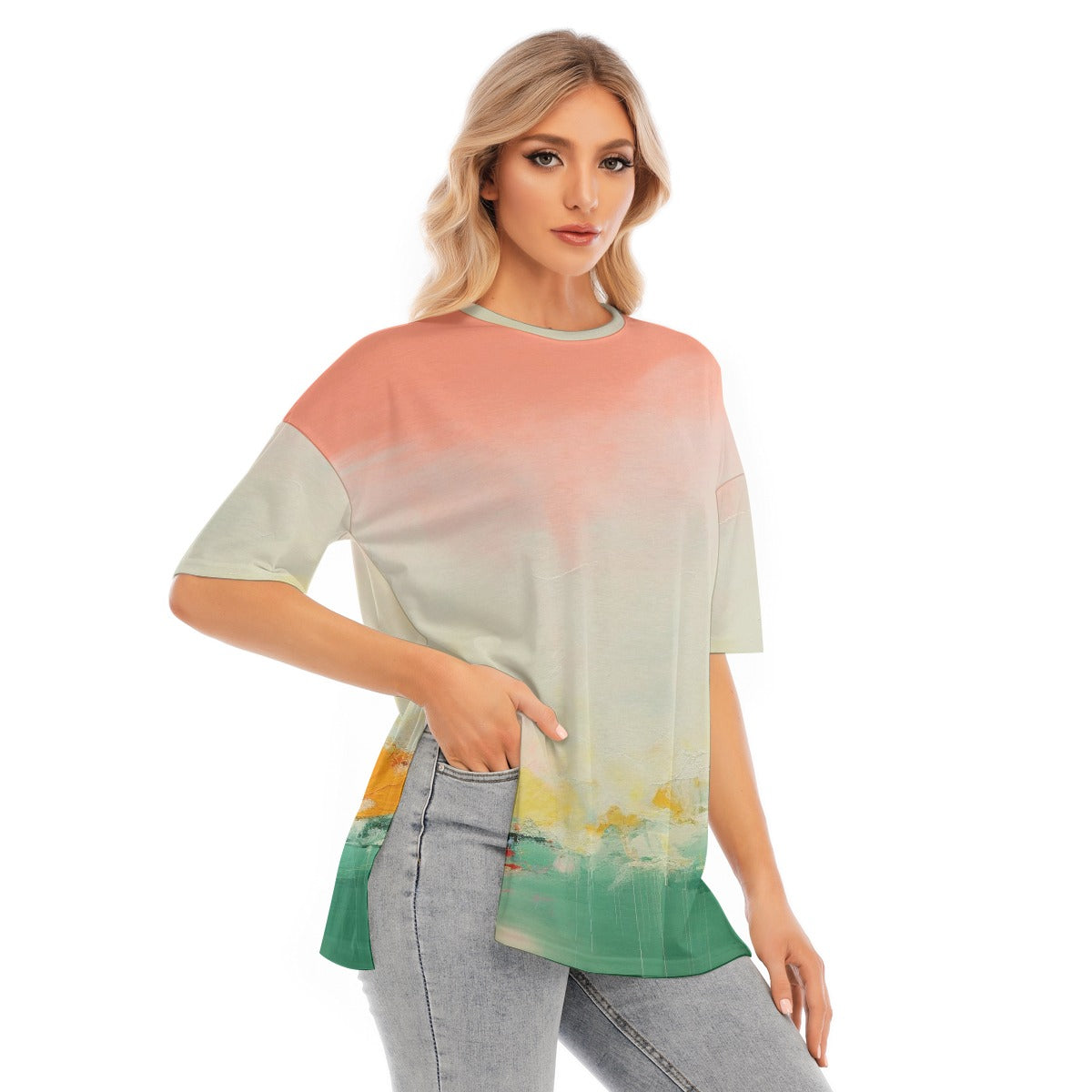 All-Over Print Women's Short Sleeves T-shirt With Hem Split