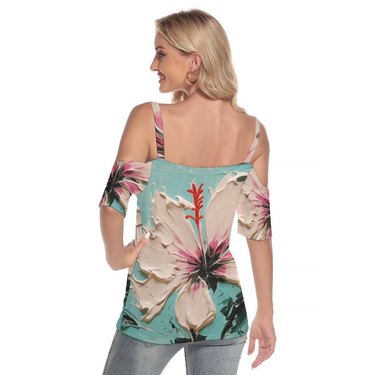All-Over Print Women's Cold Shoulder T-shirt With Criss Cross Strips