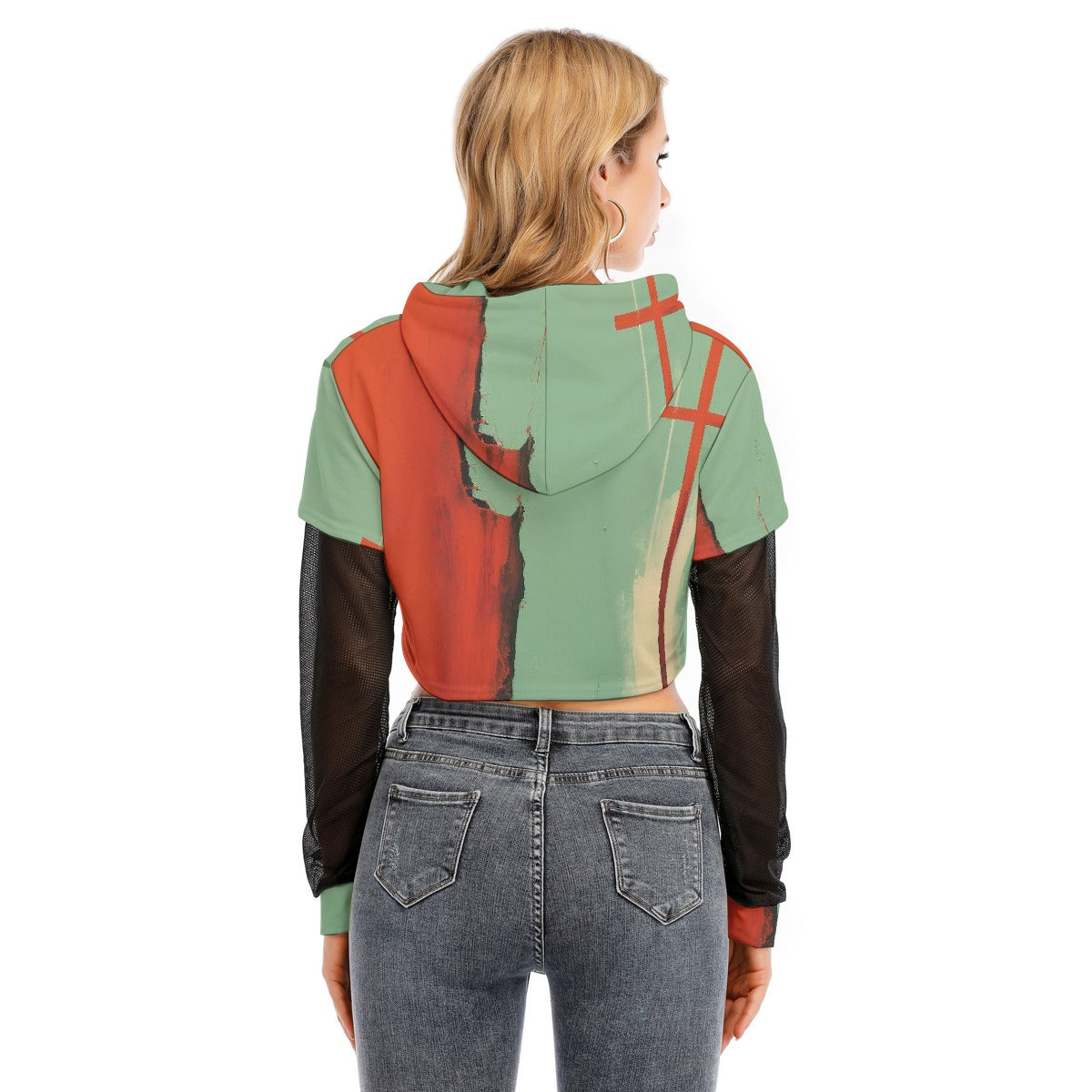 All-Over Print Women's Fake Two-piece Mesh Sleeve Cropped Hoodie