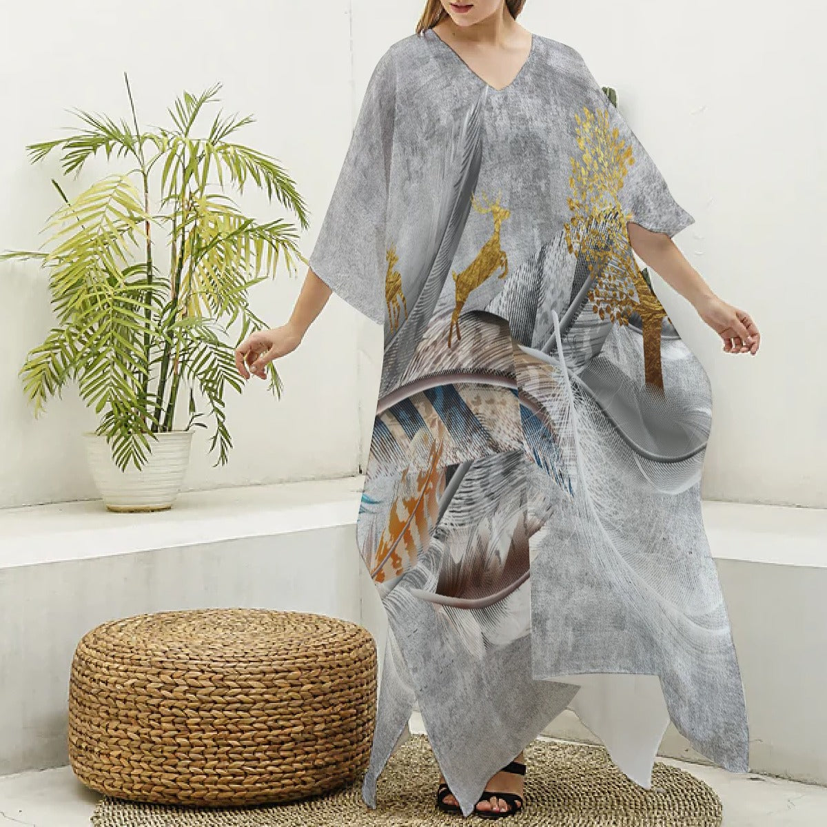 All-Over Print Women's Imitation Silk V-neck Kaftan Robe