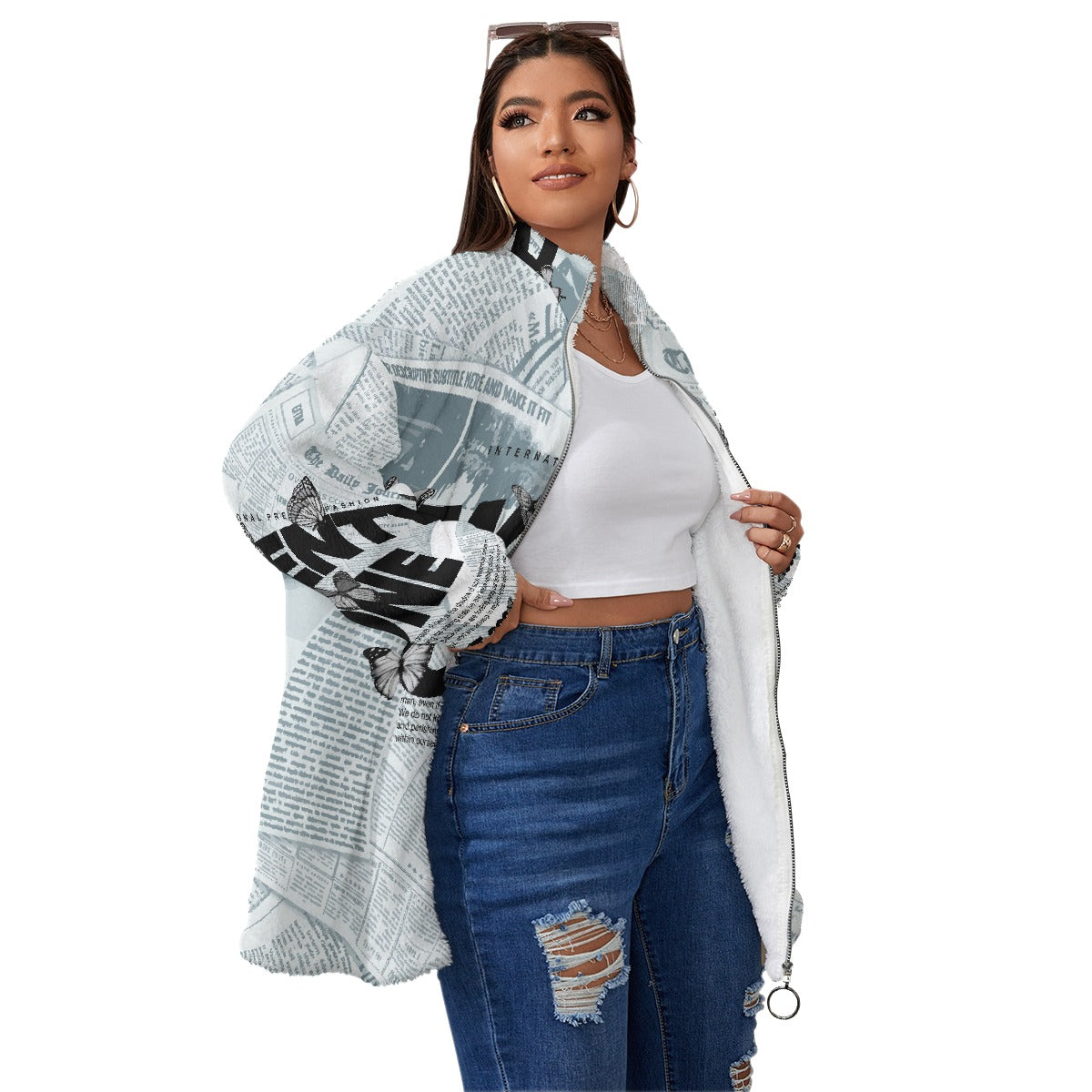 All-Over Print Unisex Borg Fleece Stand-up Collar Coat With Zipper Closure(Plus Size)