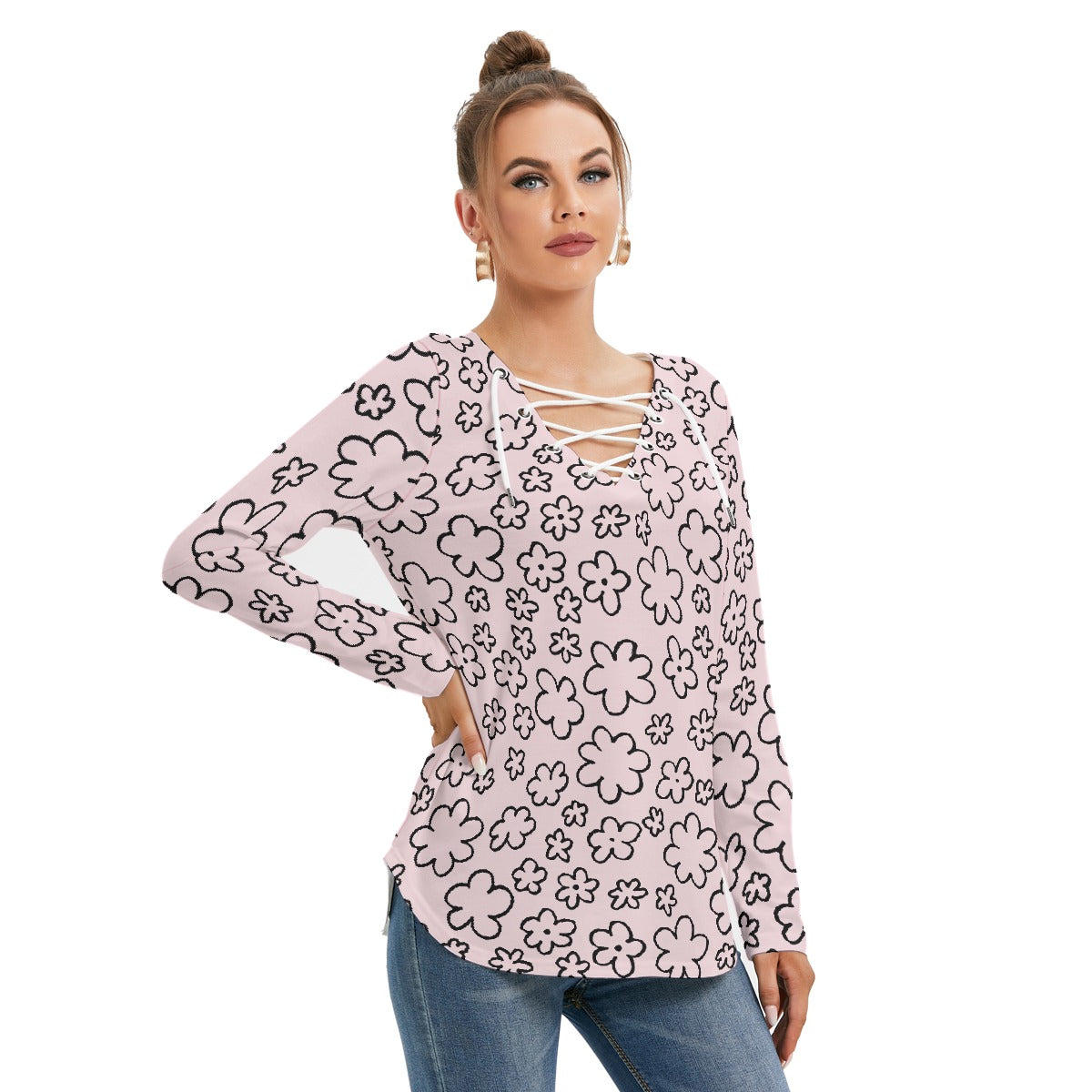 All-Over Print Women's Long Sleeve Neckline Tie Sweatshirt