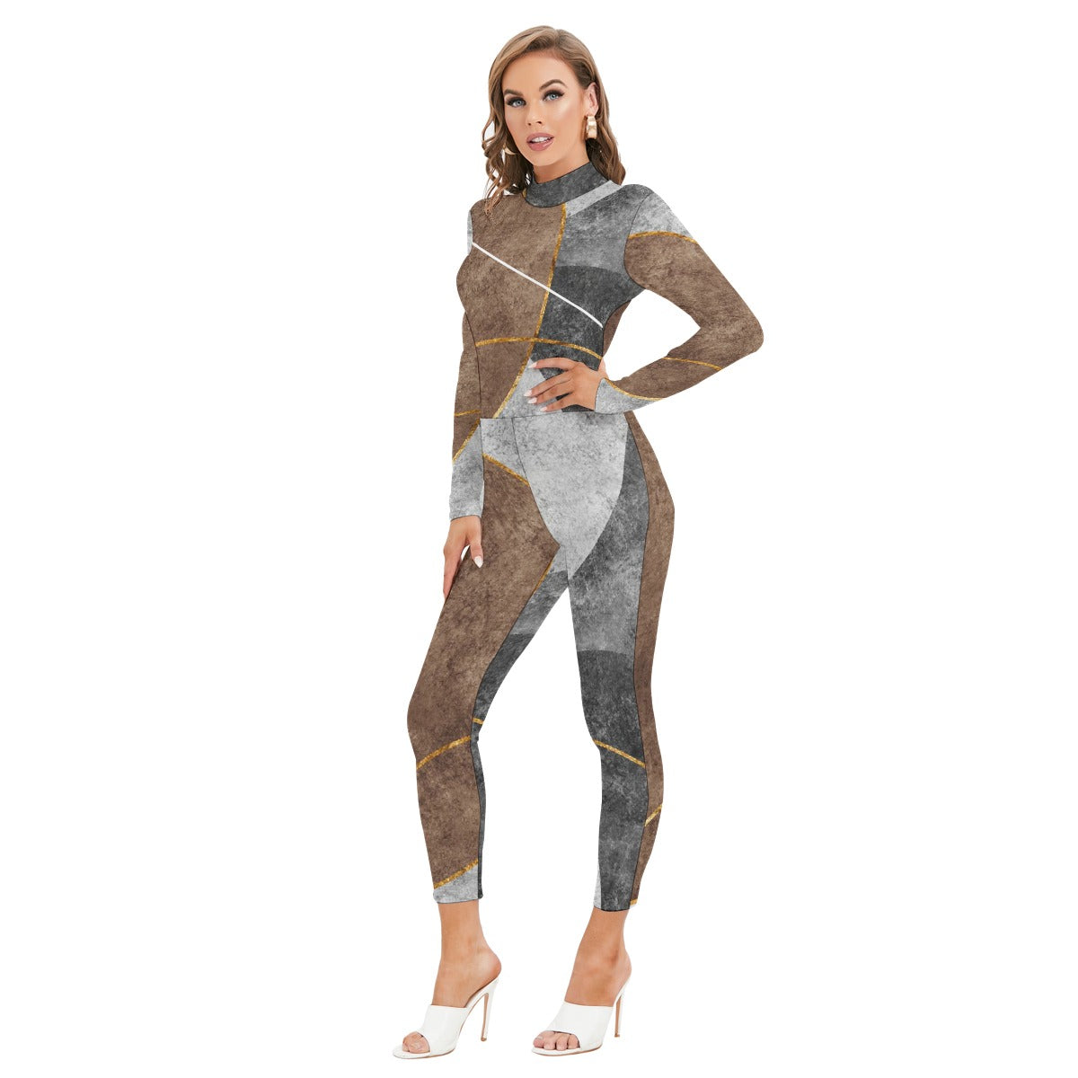 All-Over Print Women's Long-sleeved High-neck Jumpsuit With Zipper