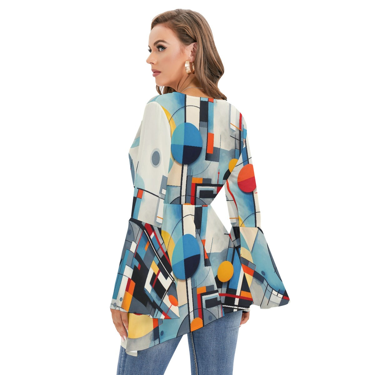 All-Over Print Women's V-neck Blouse With Flared Sleeves