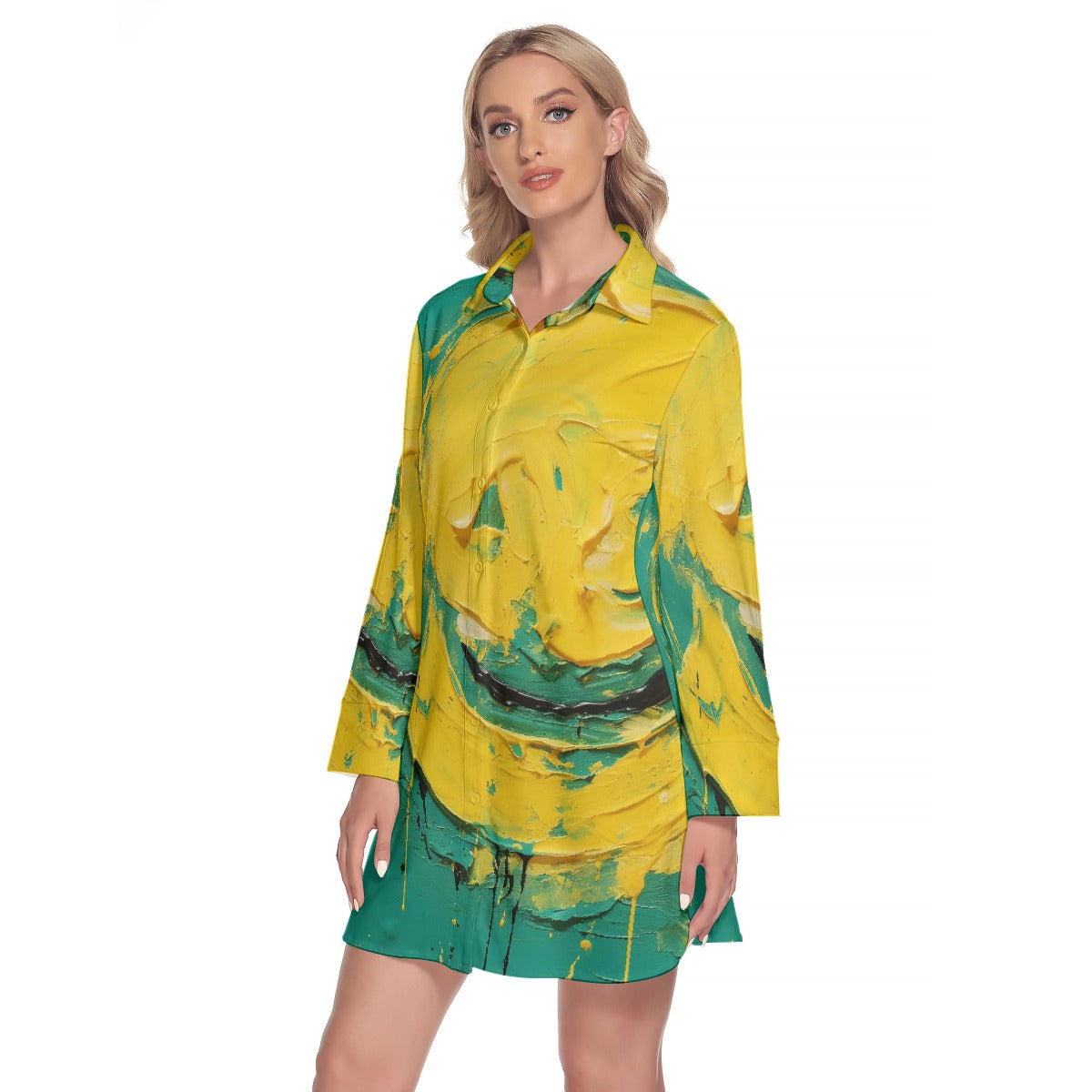 All-Over Print Women's Lapel Shirt Dress With Long Sleeve
