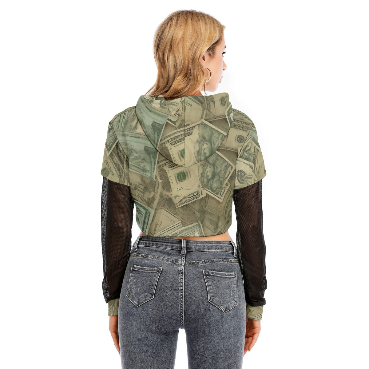 All-Over Print Women's Fake Two-piece Mesh Sleeve Cropped Hoodie