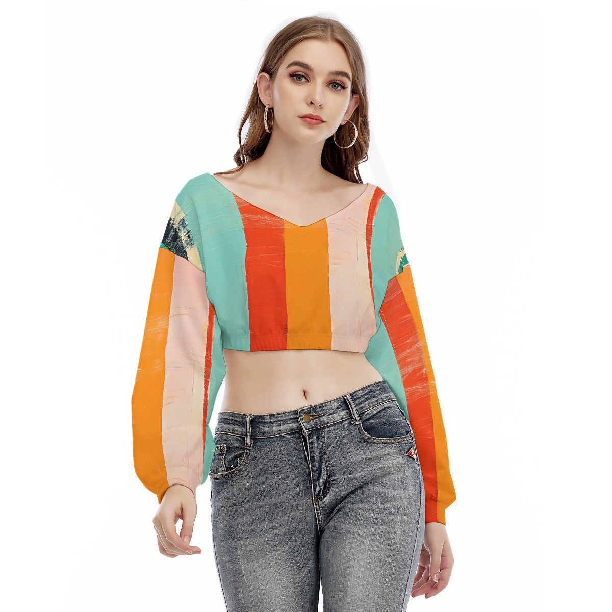 All-Over Print Women's V-neck Long Sleeve Cropped Sweatshirt