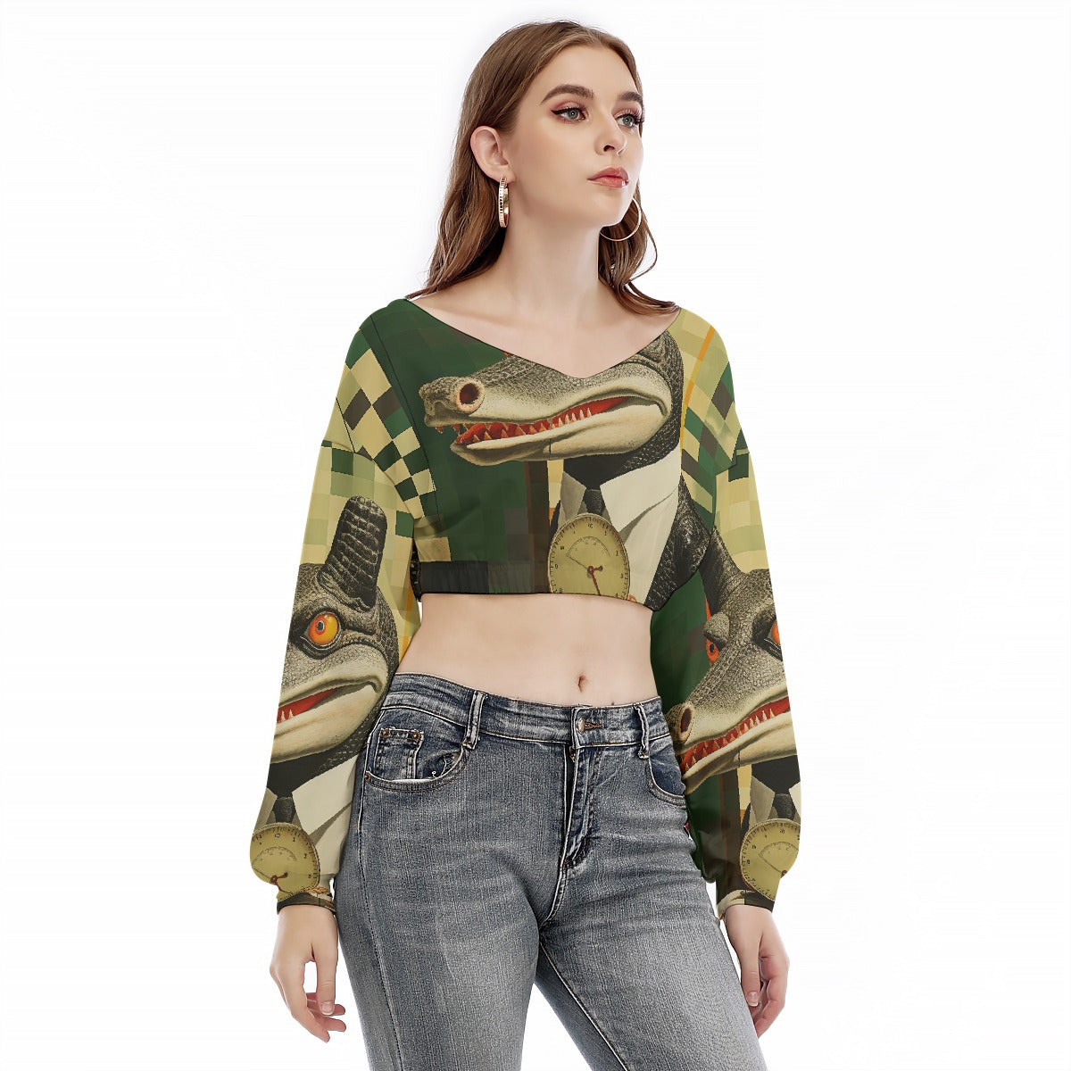 All-Over Print Women's V-neck Long Sleeve Cropped Sweatshirt