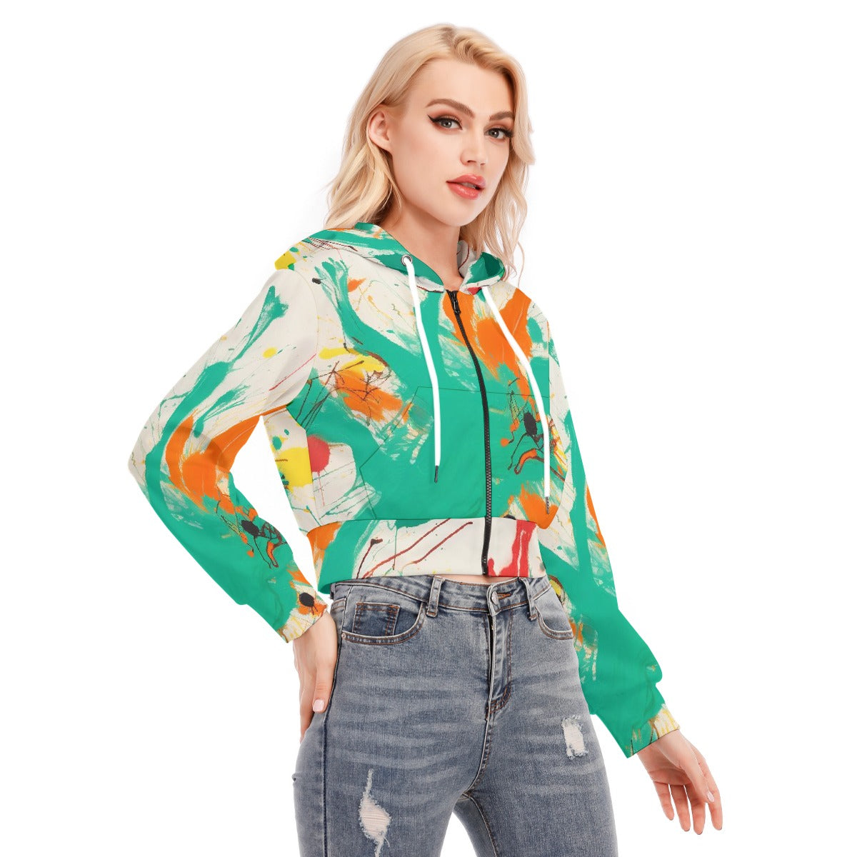 All-Over Print Women's Crop Top Hoodie With Zipper Closure