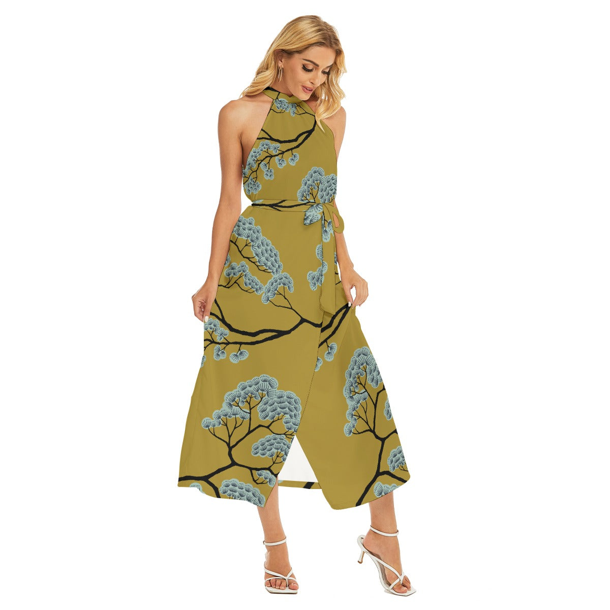 All-Over Print Women's Wrap Hem Belted Halter Dress
