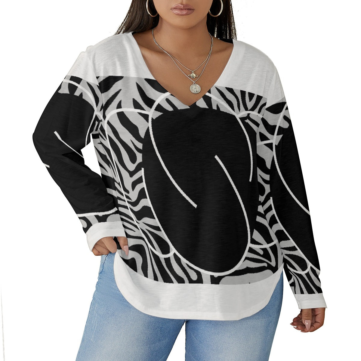 All-Over Print Women's V-neck T-shirt With Curved Hem(Plus Size)